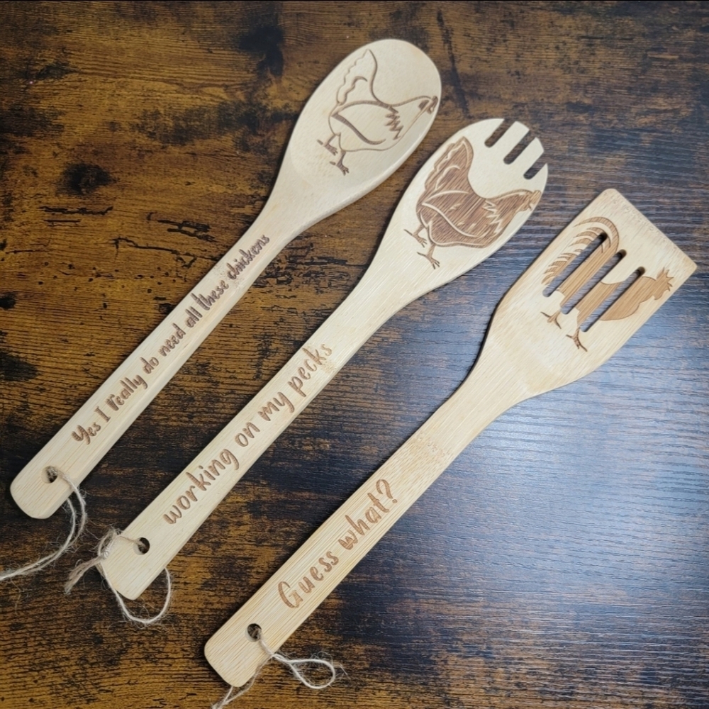 3pcs Engraved Wooden Kitchen Utensils Set Decor